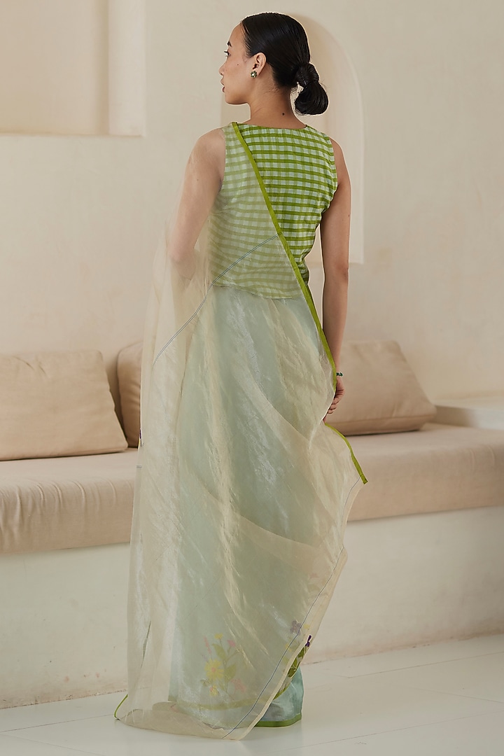 Sea Foam Colored & Beige Mulberry Silk Jamdani Motifs Party Wear Saree by Surmaye at Pernia's Pop Up Shop