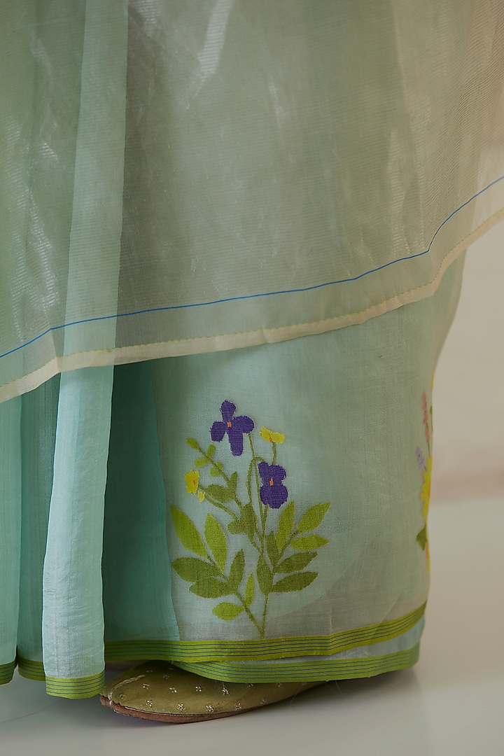 Sea Foam Colored & Beige Mulberry Silk Jamdani Motifs Party Wear Saree by Surmaye at Pernia's Pop Up Shop
