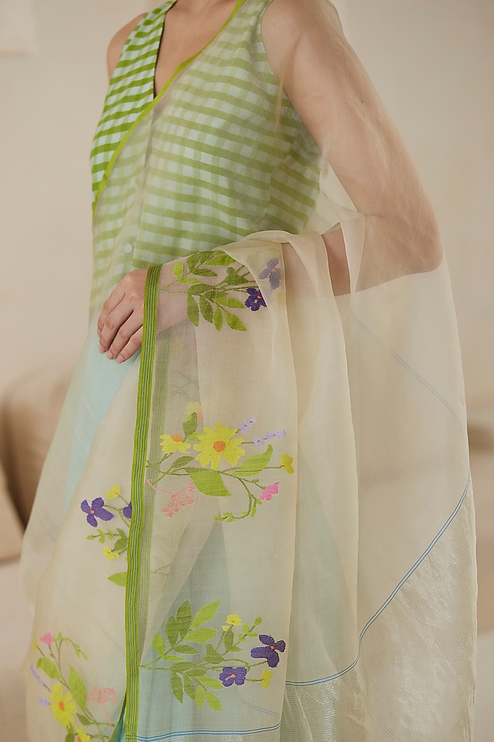 Sea Foam Colored & Beige Mulberry Silk Jamdani Motifs Party Wear Saree by Surmaye at Pernia's Pop Up Shop