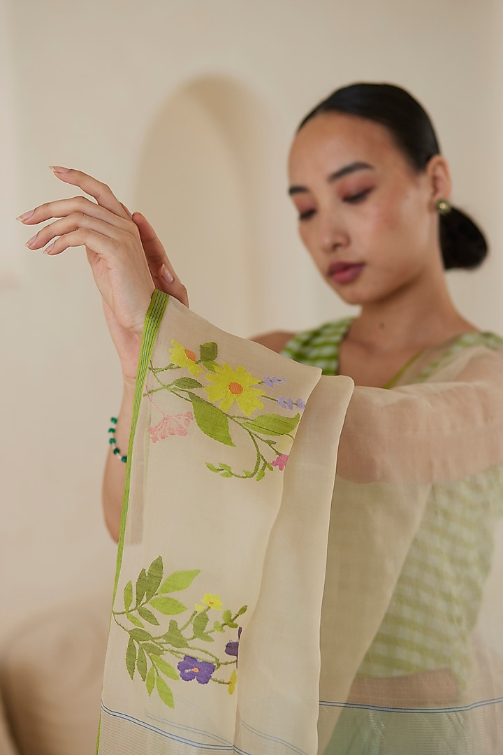 Sea Foam Colored & Beige Mulberry Silk Jamdani Motifs Party Wear Saree by Surmaye at Pernia's Pop Up Shop