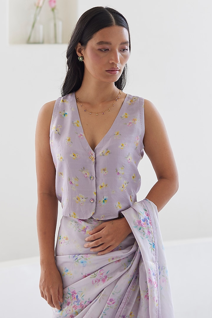 Mauve Handwoven Mulberry Silk Floral Printed Blouse by Surmaye at Pernia's Pop Up Shop