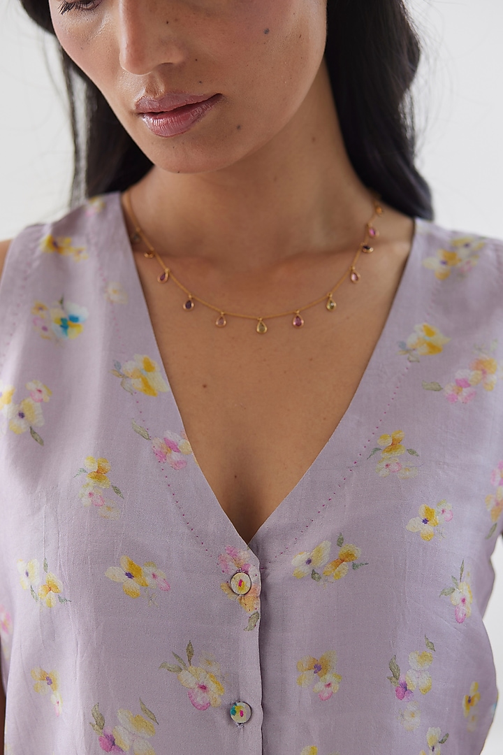 Mauve Handwoven Mulberry Silk Floral Printed Blouse by Surmaye at Pernia's Pop Up Shop