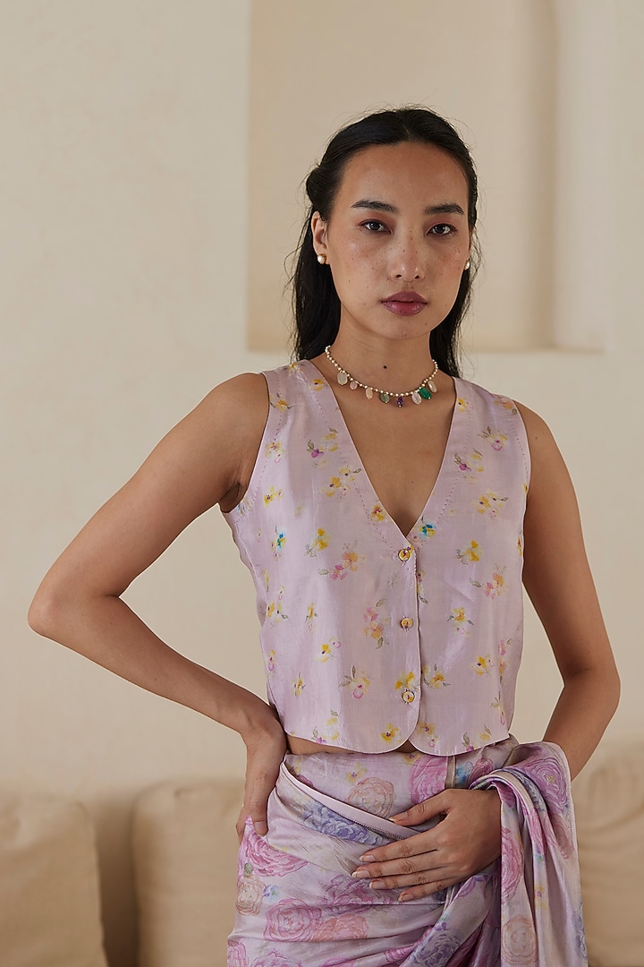 Pink Handwoven Mulberry Silk Floral Printed Blouse by Surmaye at Pernia's Pop Up Shop