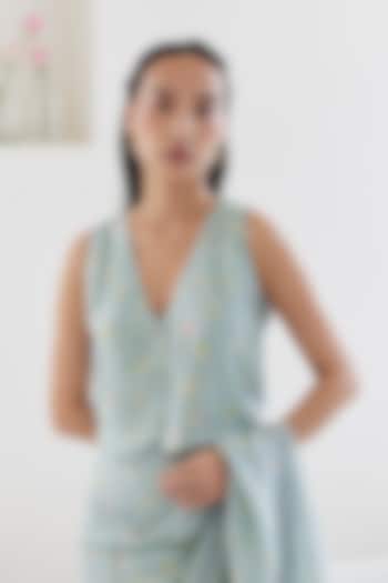 Blue Handwoven Mulberry Silk Floral Printed Blouse by Surmaye at Pernia's Pop Up Shop