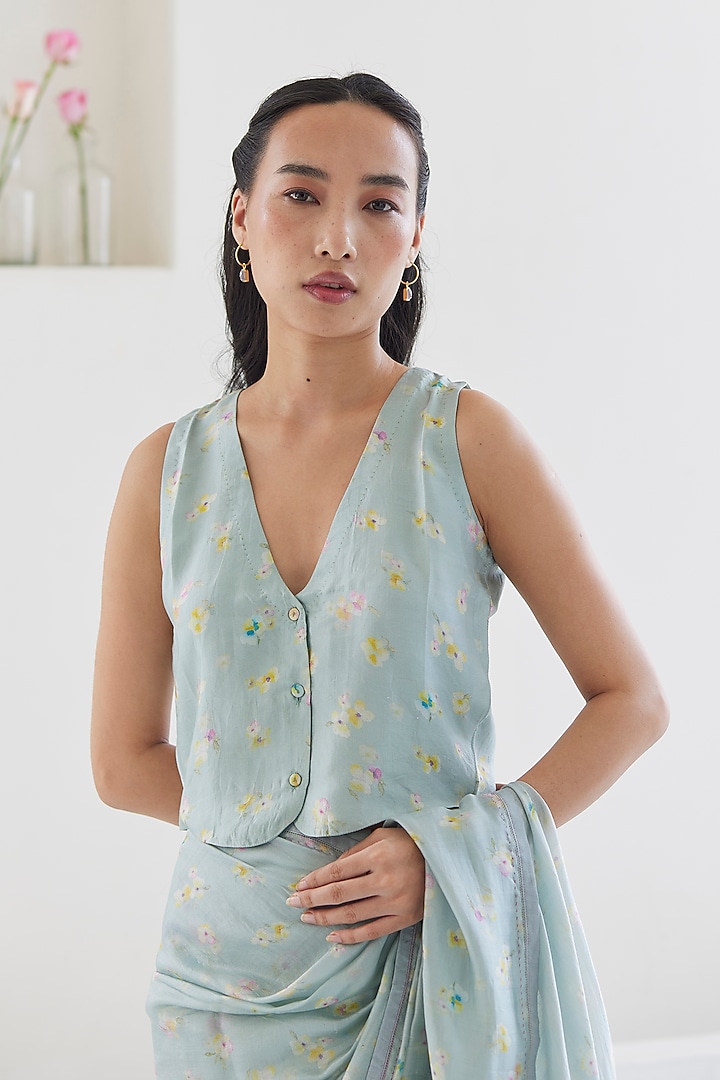 Blue Handwoven Mulberry Silk Floral Printed Blouse by Surmaye at Pernia's Pop Up Shop