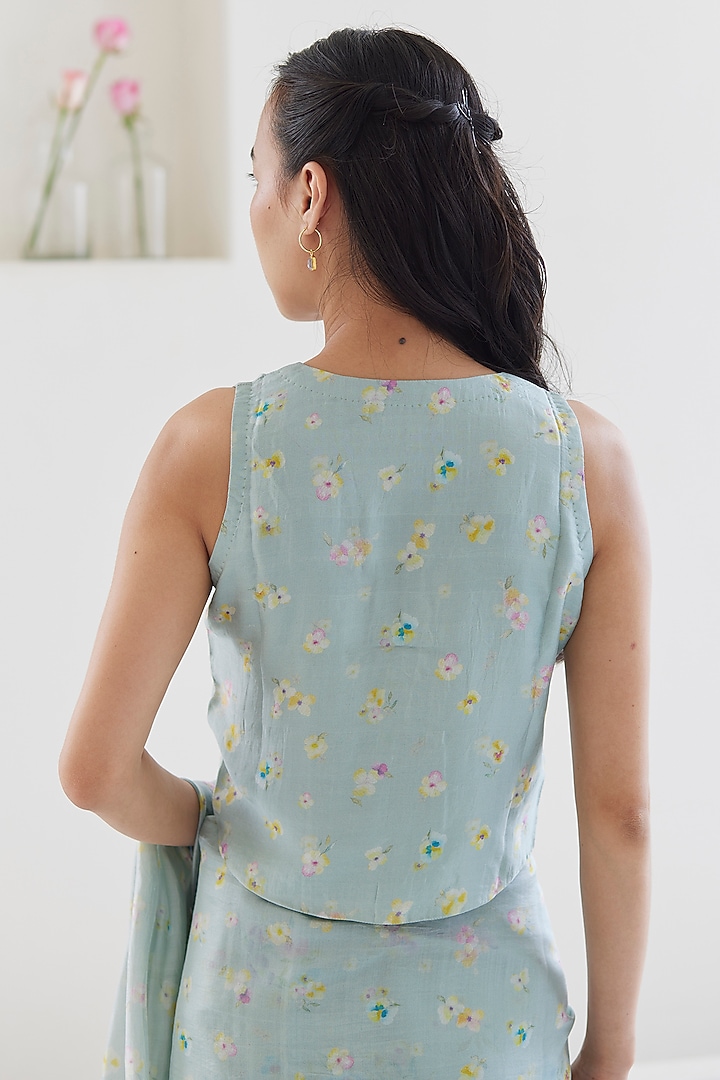 Blue Handwoven Mulberry Silk Floral Printed Blouse by Surmaye at Pernia's Pop Up Shop