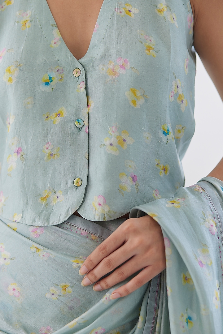 Blue Handwoven Mulberry Silk Floral Printed Blouse by Surmaye at Pernia's Pop Up Shop