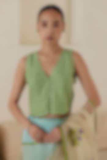 Green Handwoven Silk Khadi Blouse by Surmaye at Pernia's Pop Up Shop