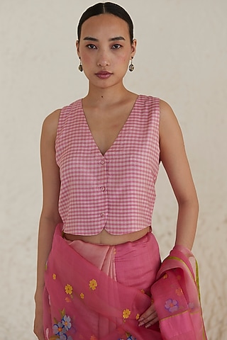 Pink Handwoven Silk Modal Blouse by Surmaye