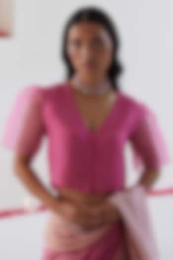 Pink Handwoven Organza Silk Embroidered Blouse by Surmaye at Pernia's Pop Up Shop