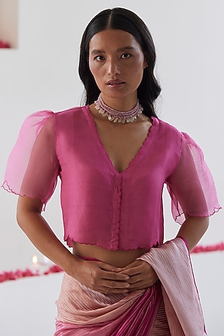 Pink Handwoven Organza Silk Embroidered Blouse by Surmaye