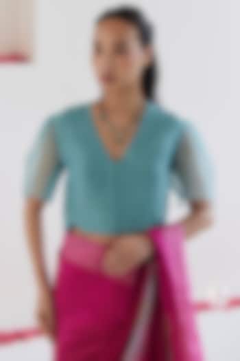 Blue Handwoven Organza Silk Embroidered Blouse by Surmaye at Pernia's Pop Up Shop