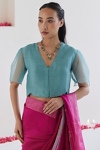 Blue Handwoven Organza Silk Embroidered Blouse by Surmaye