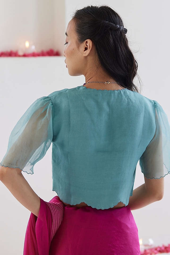 Blue Handwoven Organza Silk Embroidered Blouse by Surmaye at Pernia's Pop Up Shop