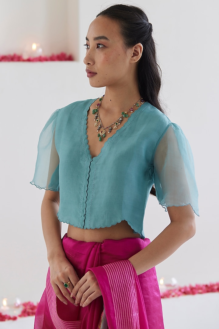 Blue Handwoven Organza Silk Embroidered Blouse by Surmaye at Pernia's Pop Up Shop