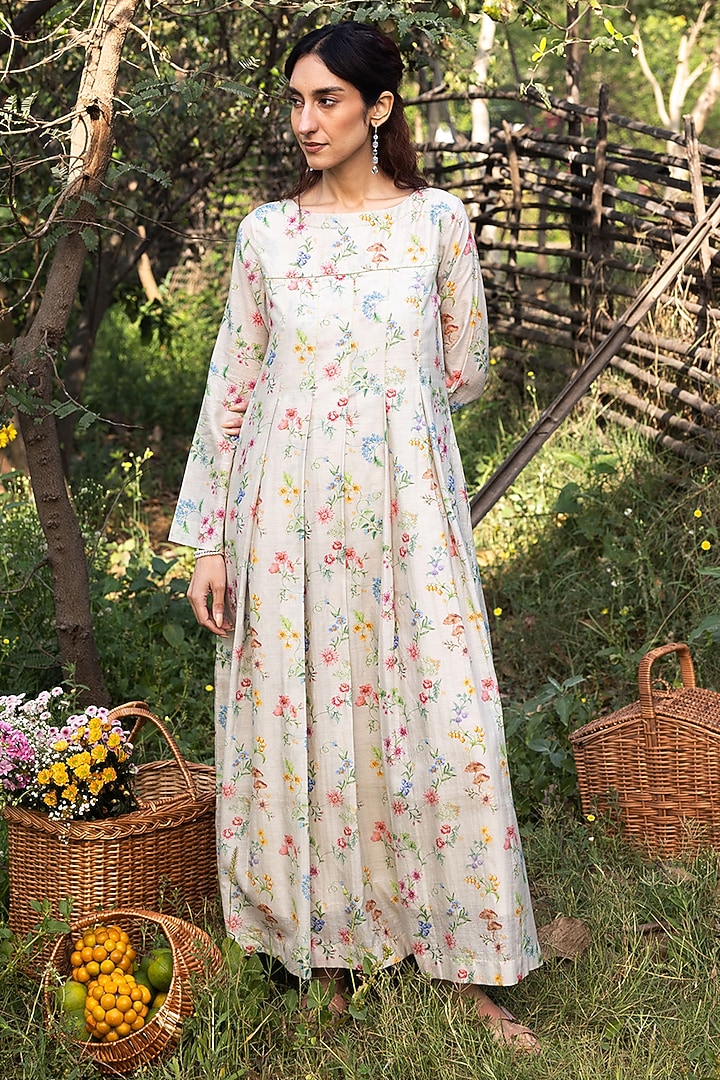 Beige Handwoven Fine Silk Khadi Floral Printed Maxi Summer Dress by Surmaye  at Pernia's Pop Up Shop