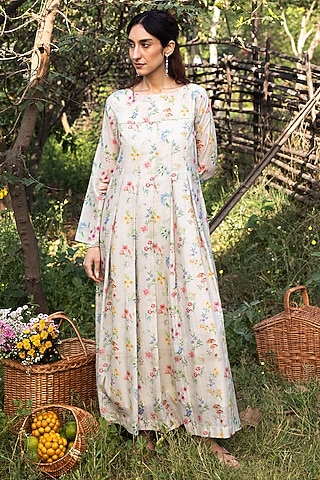 Beige Handwoven Fine Silk Khadi Floral Printed Maxi Dress by Surmaye 