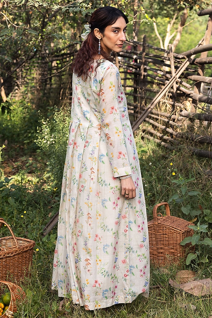 Beige Handwoven Fine Silk Khadi Floral Printed Maxi Summer Dress by Surmaye  at Pernia's Pop Up Shop
