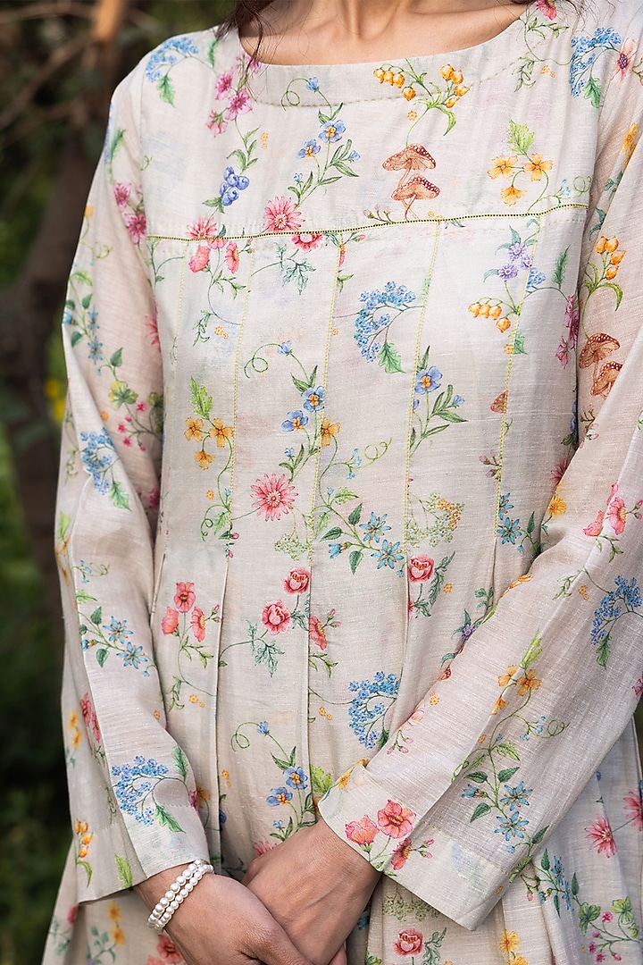 Beige Handwoven Fine Silk Khadi Floral Printed Maxi Summer Dress by Surmaye  at Pernia's Pop Up Shop