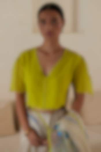Yellow Handwoven Silk Khadi Embroidered Blouse by Surmaye at Pernia's Pop Up Shop
