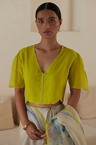 Yellow Handwoven Silk Khadi Embroidered Blouse by Surmaye