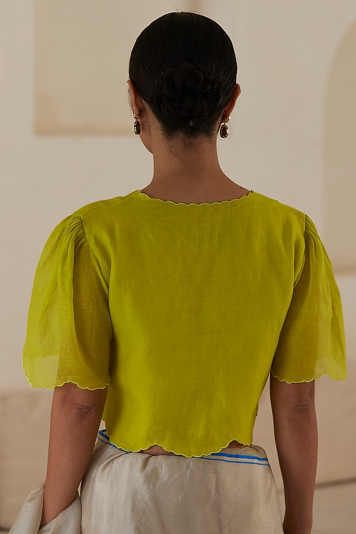 Yellow Handwoven Silk Khadi Embroidered Blouse by Surmaye at Pernia's Pop Up Shop