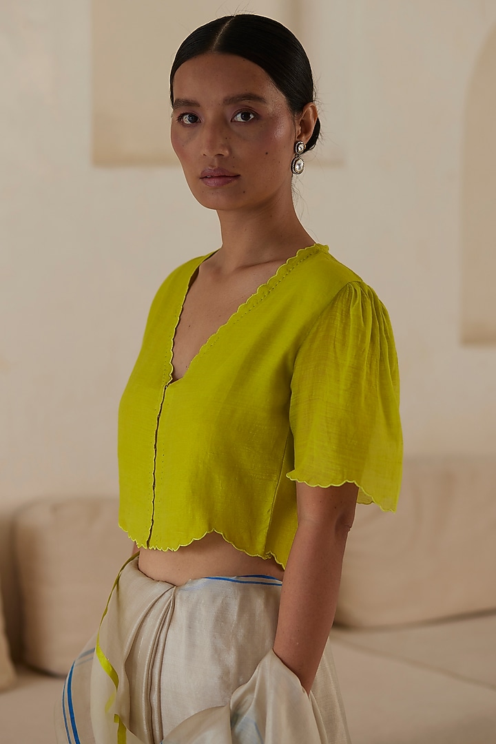 Yellow Handwoven Silk Khadi Embroidered Blouse by Surmaye at Pernia's Pop Up Shop