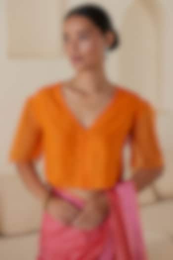 Orange Handwoven Organza Silk Embroidered Blouse by Surmaye at Pernia's Pop Up Shop