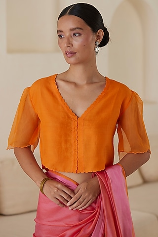 Orange Handwoven Organza Silk Embroidered Blouse by Surmaye