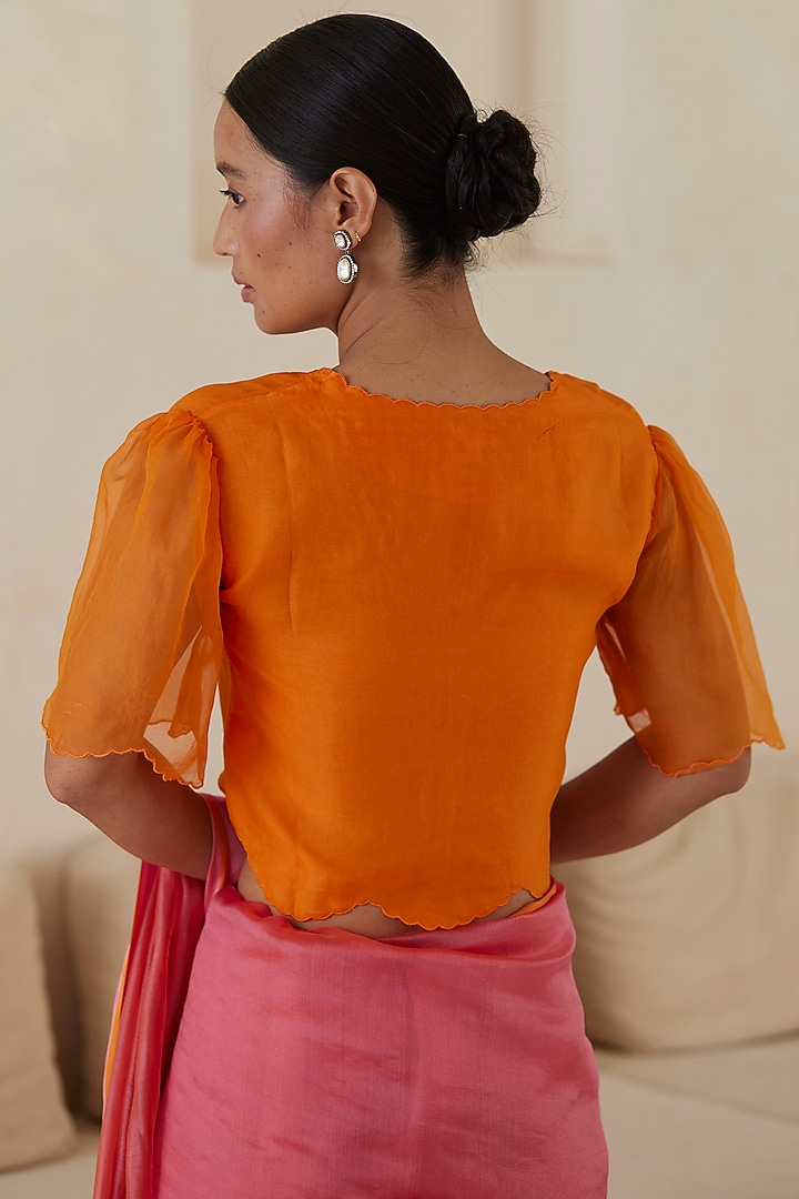 Orange Handwoven Organza Silk Embroidered Blouse by Surmaye at Pernia's Pop Up Shop