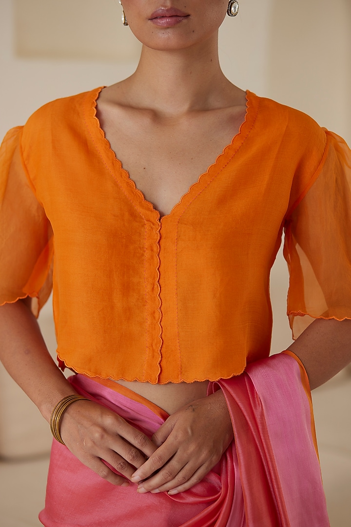 Orange Handwoven Organza Silk Embroidered Blouse by Surmaye at Pernia's Pop Up Shop