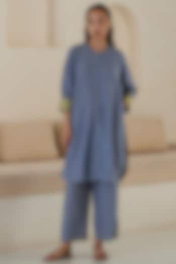 Blue Handwoven Silk Modal Checkered Kurta Set by Surmaye at Pernia's Pop Up Shop