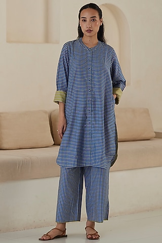 Blue Handwoven Silk Modal Checkered Kurta Set by Surmaye
