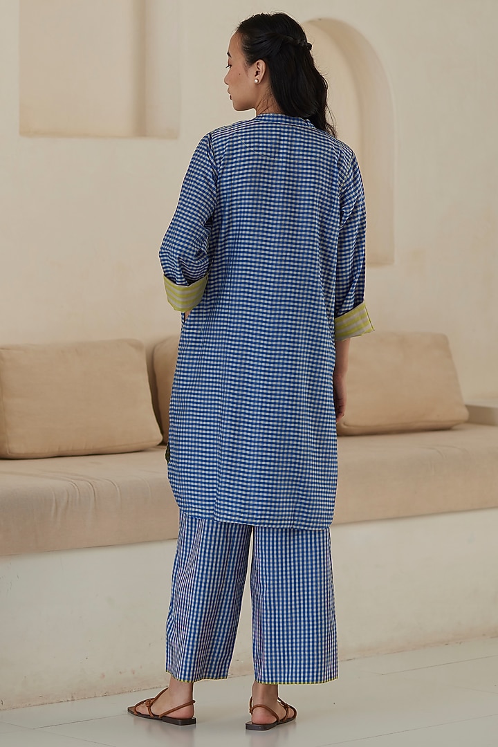 Blue Handwoven Silk Modal Checkered Kurta Set by Surmaye at Pernia's Pop Up Shop