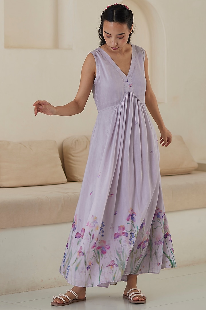 Mauve Handwoven Silk Modal Floral Printed Maxi Summer Dress by Surmaye at Pernia's Pop Up Shop