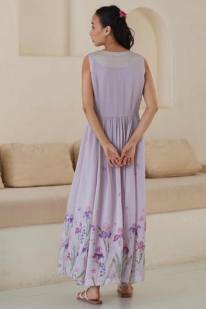 Mauve Handwoven Silk Modal Floral Printed Maxi Summer Dress by Surmaye at Pernia's Pop Up Shop