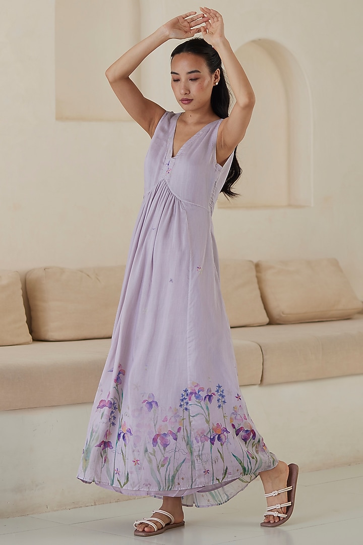 Mauve Handwoven Silk Modal Floral Printed Maxi Summer Dress by Surmaye at Pernia's Pop Up Shop