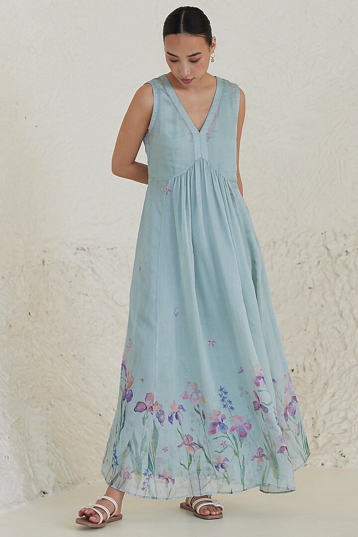 Blue Handwoven Silk Modal Floral Printed Maxi Summer Dress by Surmaye at Pernia's Pop Up Shop