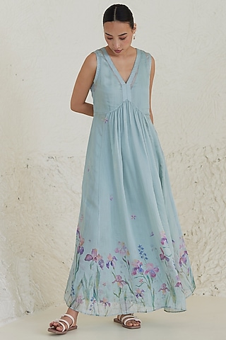 Blue Handwoven Silk Modal Floral Printed Maxi Dress by Surmaye