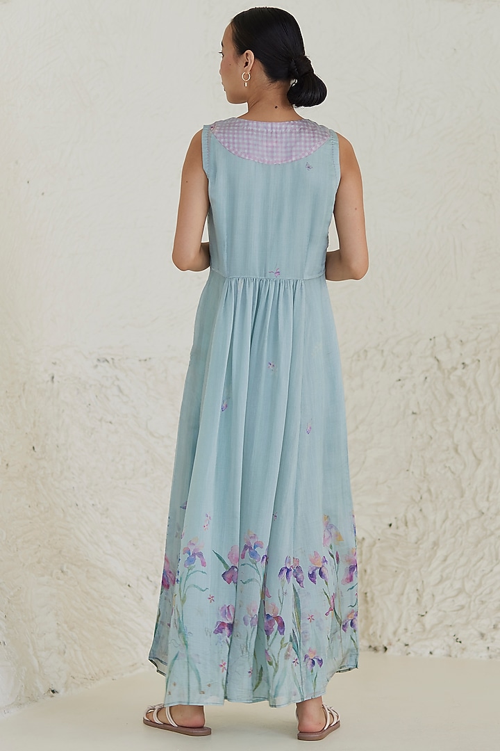 Blue Handwoven Silk Modal Floral Printed Maxi Summer Dress by Surmaye at Pernia's Pop Up Shop