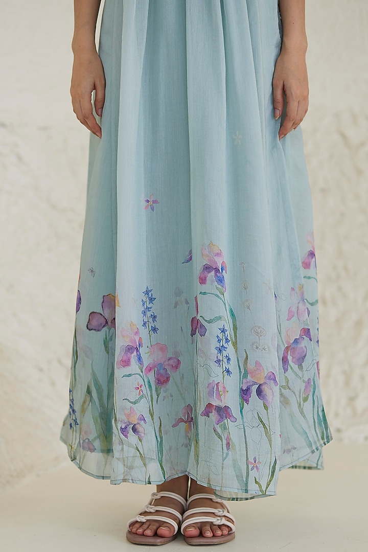 Blue Handwoven Silk Modal Floral Printed Maxi Summer Dress by Surmaye at Pernia's Pop Up Shop