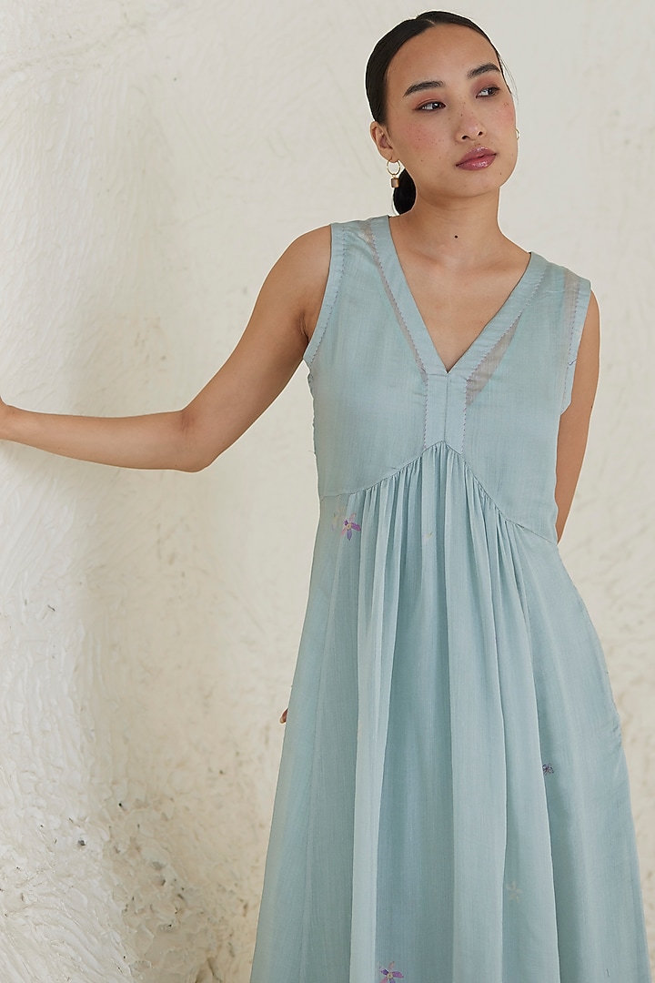 Blue Handwoven Silk Modal Floral Printed Maxi Summer Dress by Surmaye at Pernia's Pop Up Shop