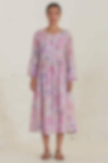 Pink Handwoven Silk Modal Floral Printed Midi Summer Dress by Surmaye at Pernia's Pop Up Shop