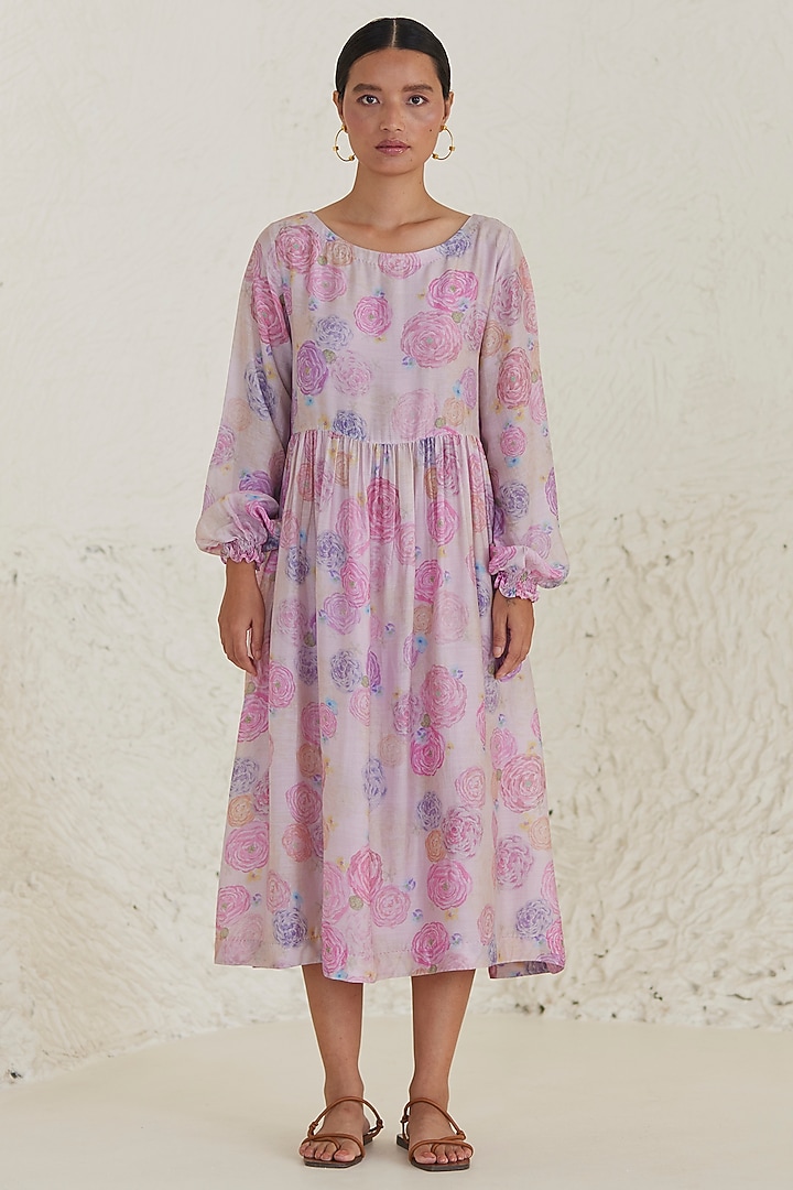 Pink Handwoven Silk Modal Floral Printed Midi Summer Dress by Surmaye at Pernia's Pop Up Shop