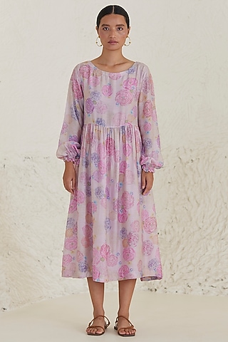 Pink Handwoven Silk Modal Floral Printed Midi Dress by Surmaye