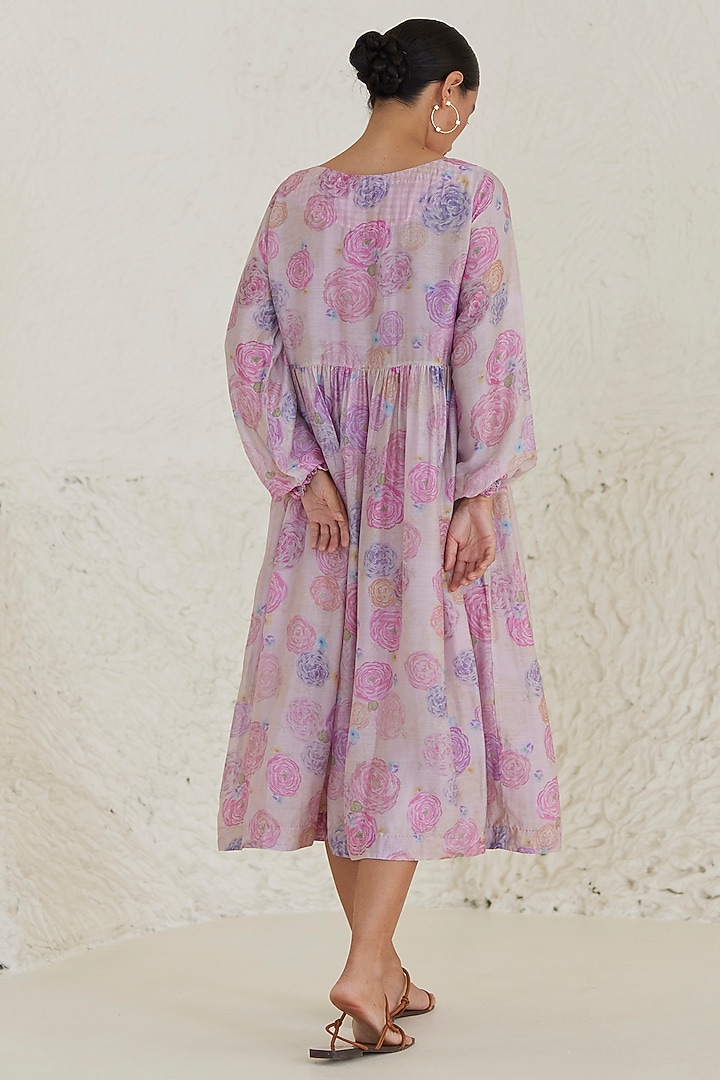 Pink Handwoven Silk Modal Floral Printed Midi Summer Dress by Surmaye at Pernia's Pop Up Shop