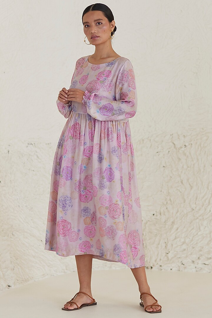 Pink Handwoven Silk Modal Floral Printed Midi Summer Dress by Surmaye at Pernia's Pop Up Shop