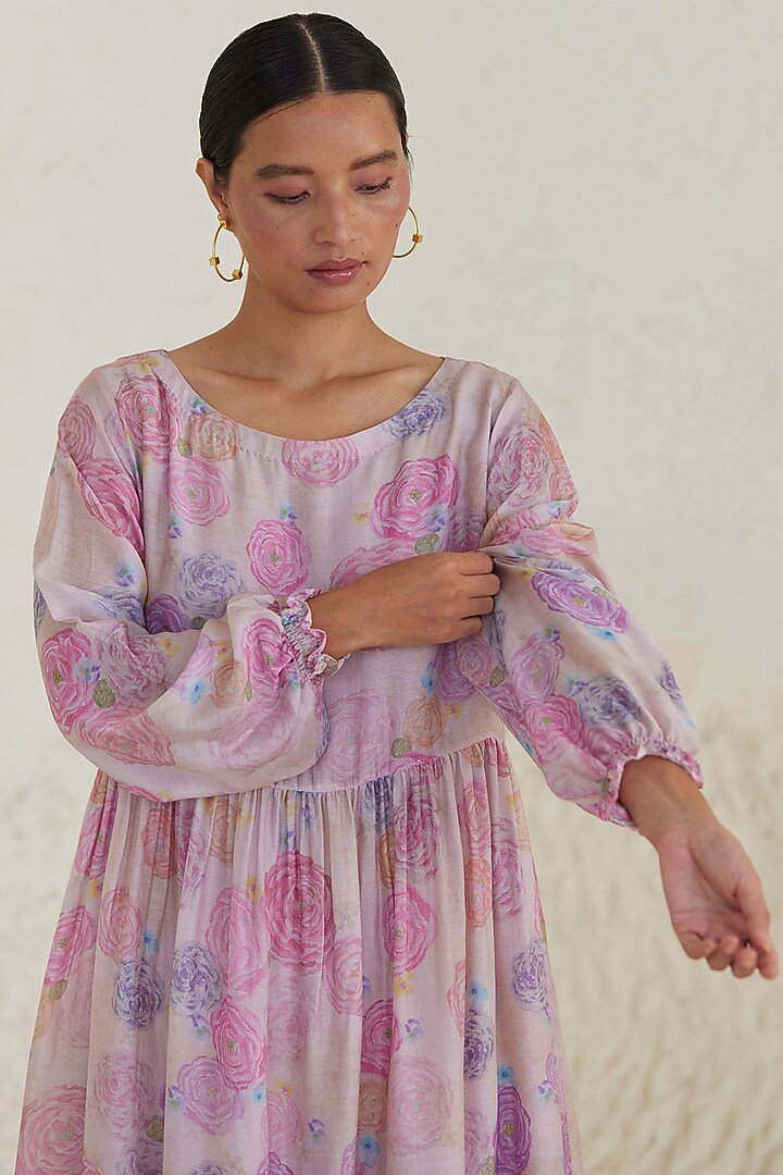 Pink Handwoven Silk Modal Floral Printed Midi Summer Dress by Surmaye at Pernia's Pop Up Shop