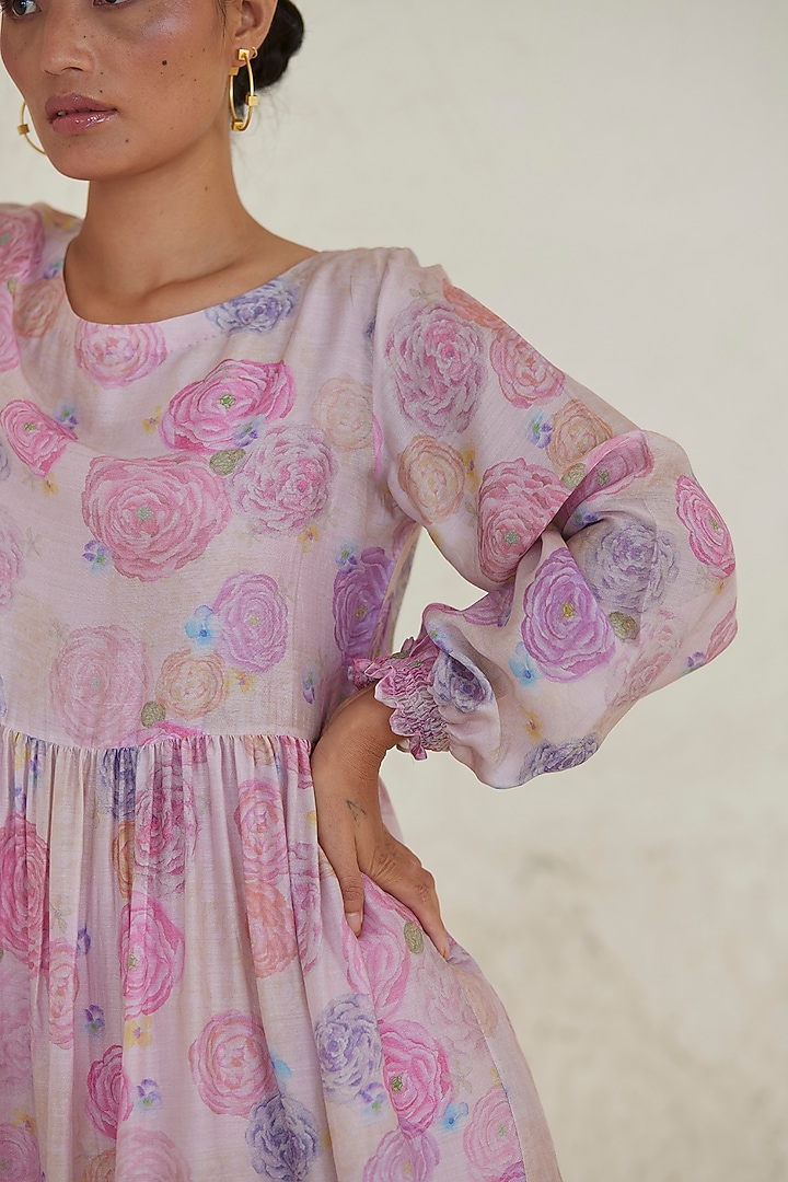 Pink Handwoven Silk Modal Floral Printed Midi Summer Dress by Surmaye at Pernia's Pop Up Shop