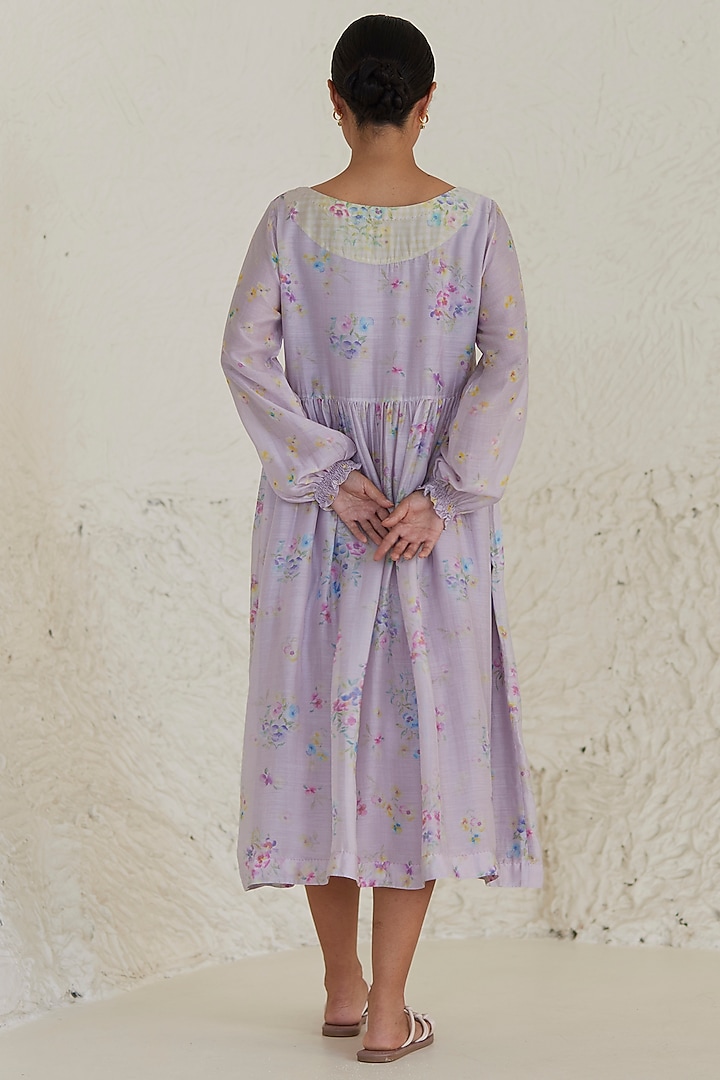 Mauve Handwoven Silk Modal Floral Printed Midi Summer Dress by Surmaye at Pernia's Pop Up Shop